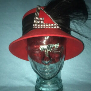 THE HAT GENERATION Red, Wide Black Band, Beautiful Feathers, Rhinestone Detail